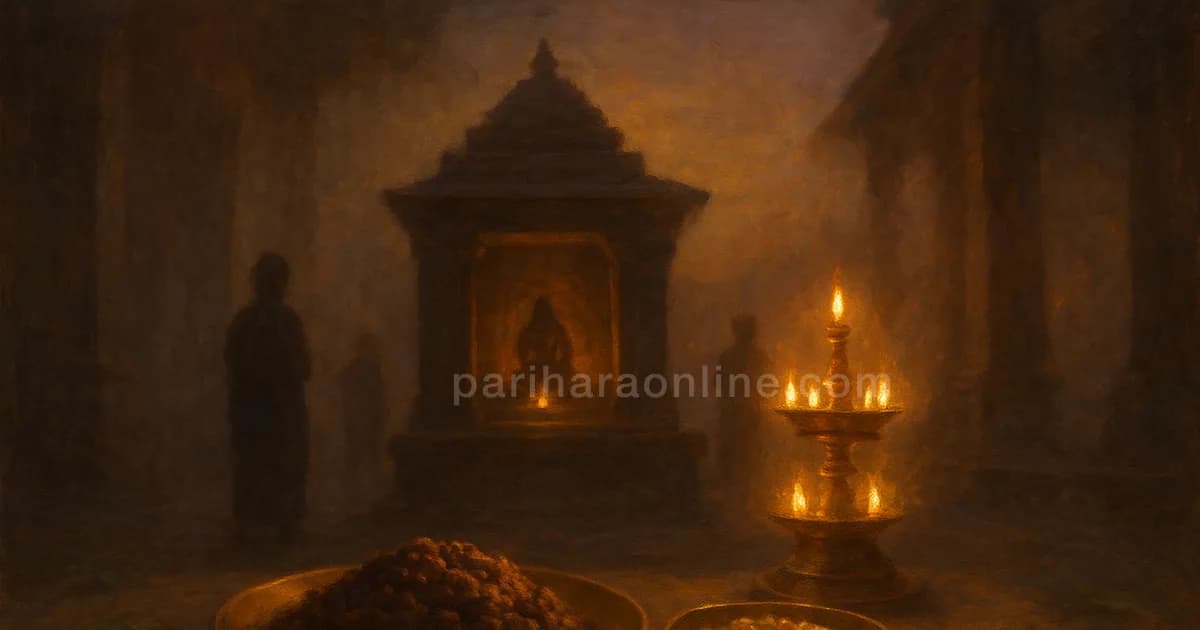 Thiruvathirai kali and seven-vegetable kootu before a small shrine with a tiered lamp at dawn, offerings for Arudra Darshan | pariharaonline.com