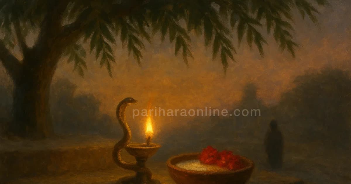 Brass coiled-serpent lamp with milk and turmeric under a neem tree, an offering for Ashlesha nakshatra | pariharaonline.com