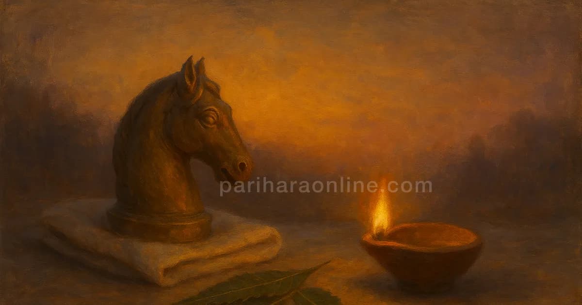 Brass horse's head carving beside a lit clay lamp at dawn, symbol of Ashwini nakshatra and its healer twins | pariharaonline.com