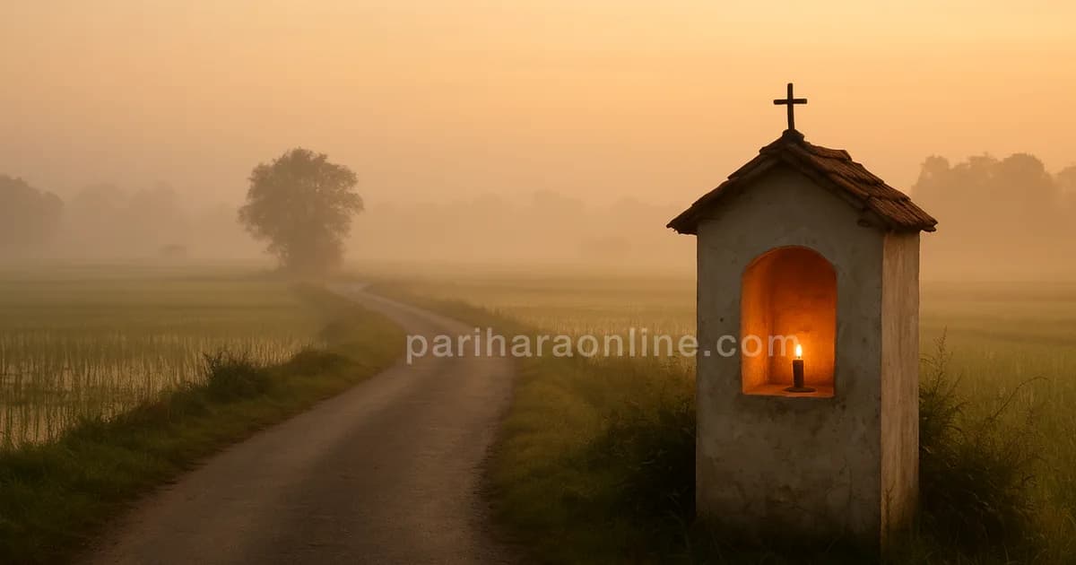 Village road winding past a small roadside shrine with a lit lamp, misty paddy fields at dawn — astrology and free will | pariharaonline.com