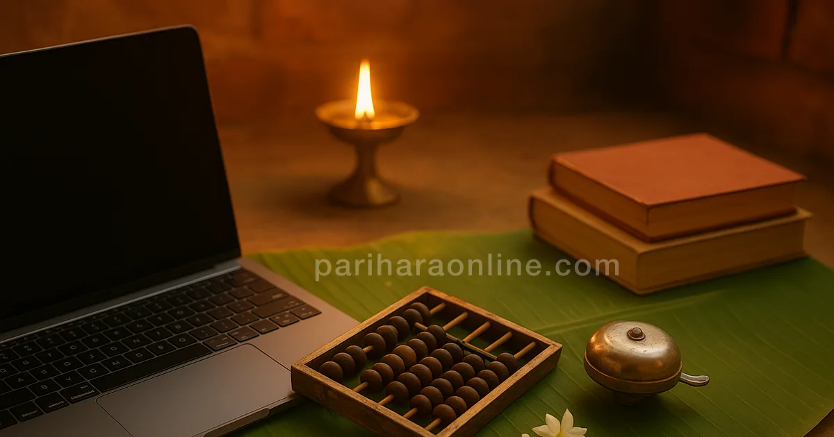 Laptop, books and tools on a banana leaf with sandal paste, jasmine and a lit lamp for Ayudha Pooja — ayudha pooja meaning | pariharaonline.com
