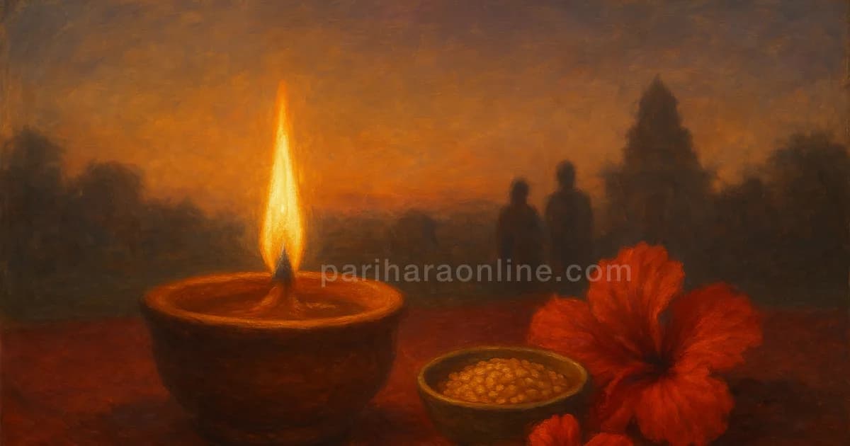 Lit ghee lamp in a clay pot on a red cloth with hibiscus, a simple offering for Bharani nakshatra | pariharaonline.com
