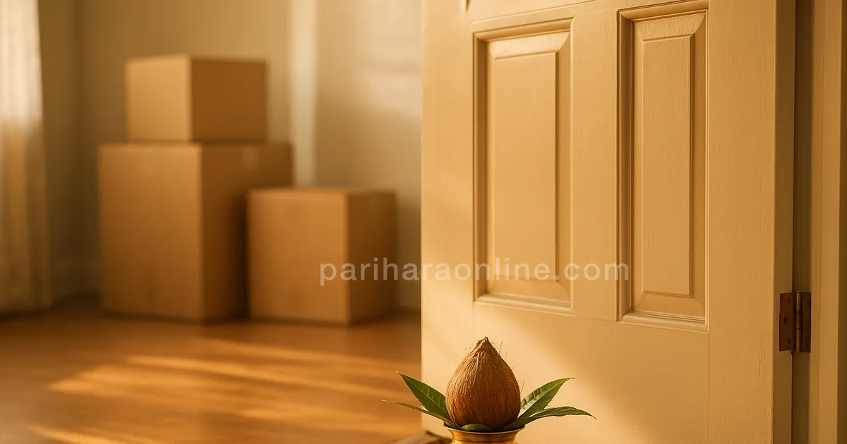 Brass kalasha with mango leaves and coconut at the door of a new American apartment — housewarming puja usa | pariharaonline.com