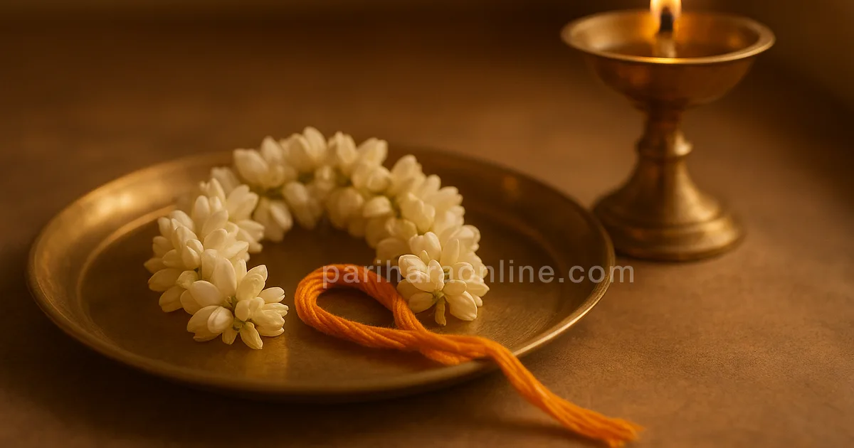 Jasmine string and turmeric thread on a brass plate beside a lit lamp at dusk — delay in marriage remedies | pariharaonline.com