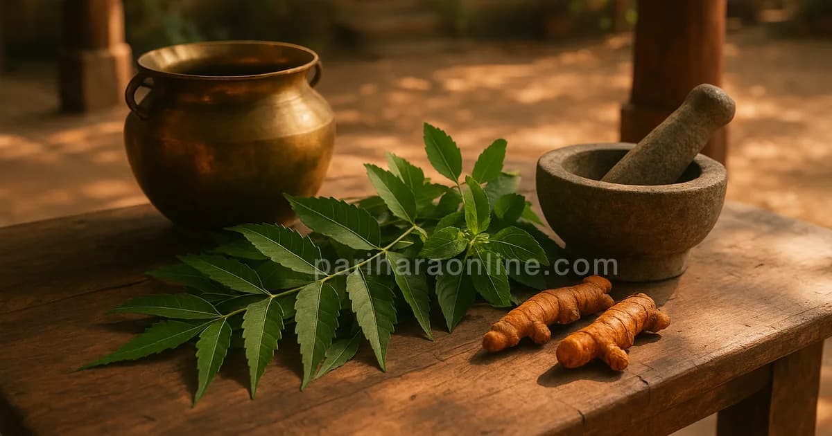Brass pot, neem, tulsi and turmeric with a mortar and pestle in a sunlit courtyard — dhanvantari homam | pariharaonline.com