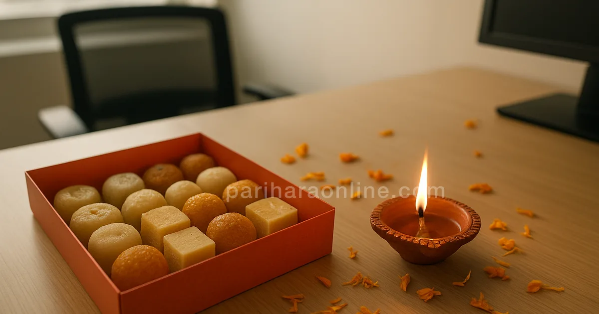 A lit clay diya and a box of Indian sweets on an office desk during Diwali — diwali at work | pariharaonline.com