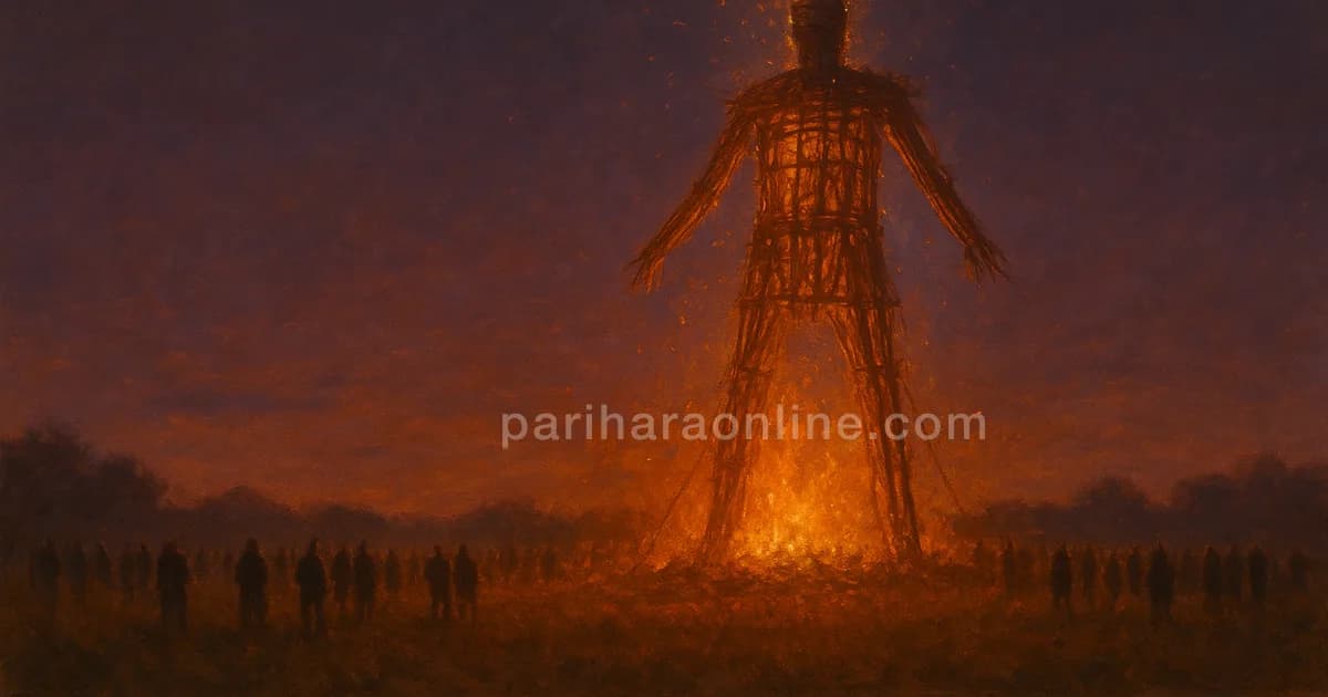Silhouette of a tall Dussehra effigy against a violet twilight sky with embers rising — dussehra significance | pariharaonline.com