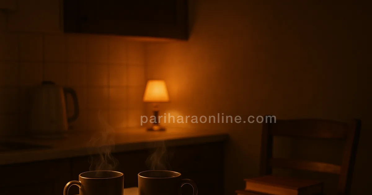 Two cups of tea on a kitchen counter at night beside a glowing brass lamp and stacked textbooks — prayer for child's exam | pariharaonline.com