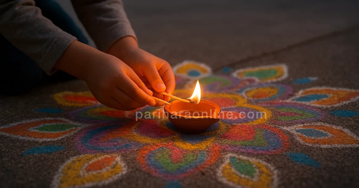 A child's hands lighting a clay diya on a chalk rangoli on a driveway at dusk — explaining diwali to kids | pariharaonline.com