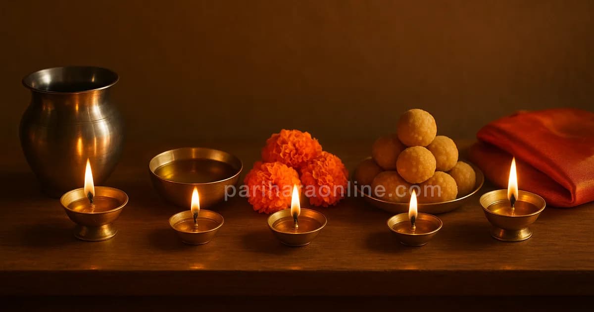 Five brass lamps on a wooden ledge beside a vessel, oil, marigolds, sweets and silk cloth — five days of diwali | pariharaonline.com