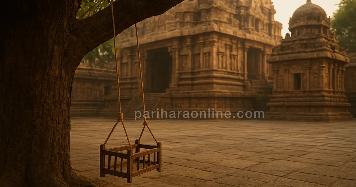 Small cradle offering tied to a tree in a stone temple courtyard in morning light — garbarakshambigai temple | pariharaonline.com