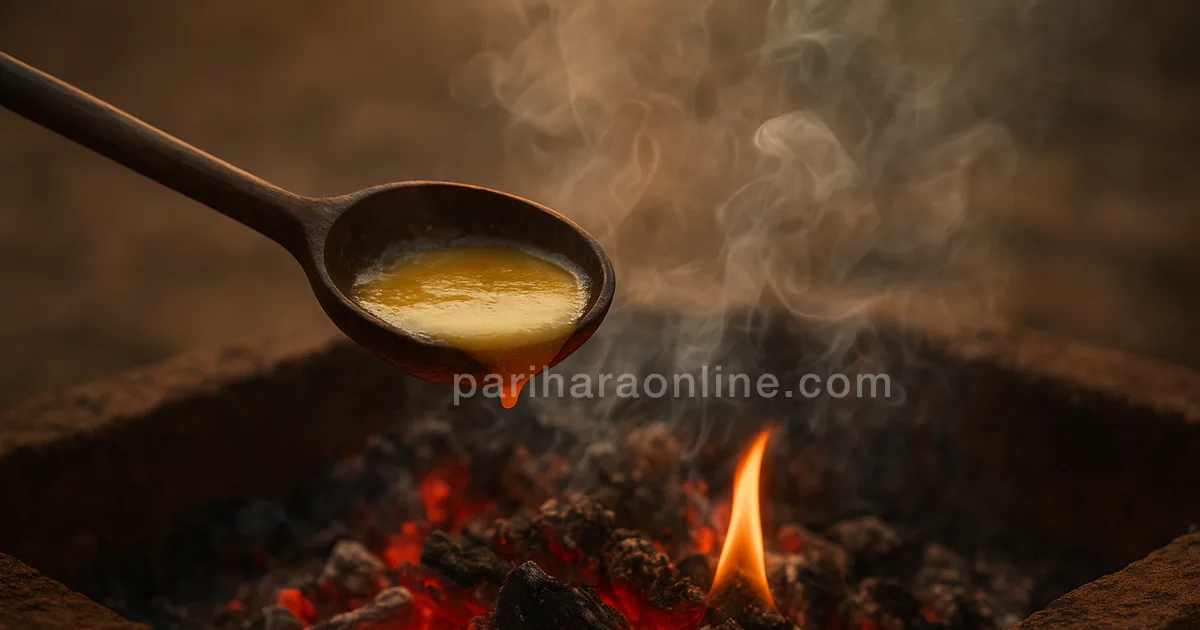 Wooden spoon of ghee held above glowing embers of a homam fire at dusk — homam benefits | pariharaonline.com