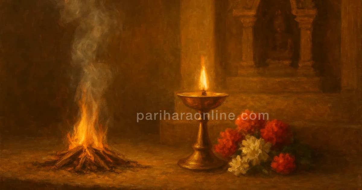 Painterly still life contrasting a small homam fire with a brass lamp and flowers — homam vs puja | pariharaonline.com