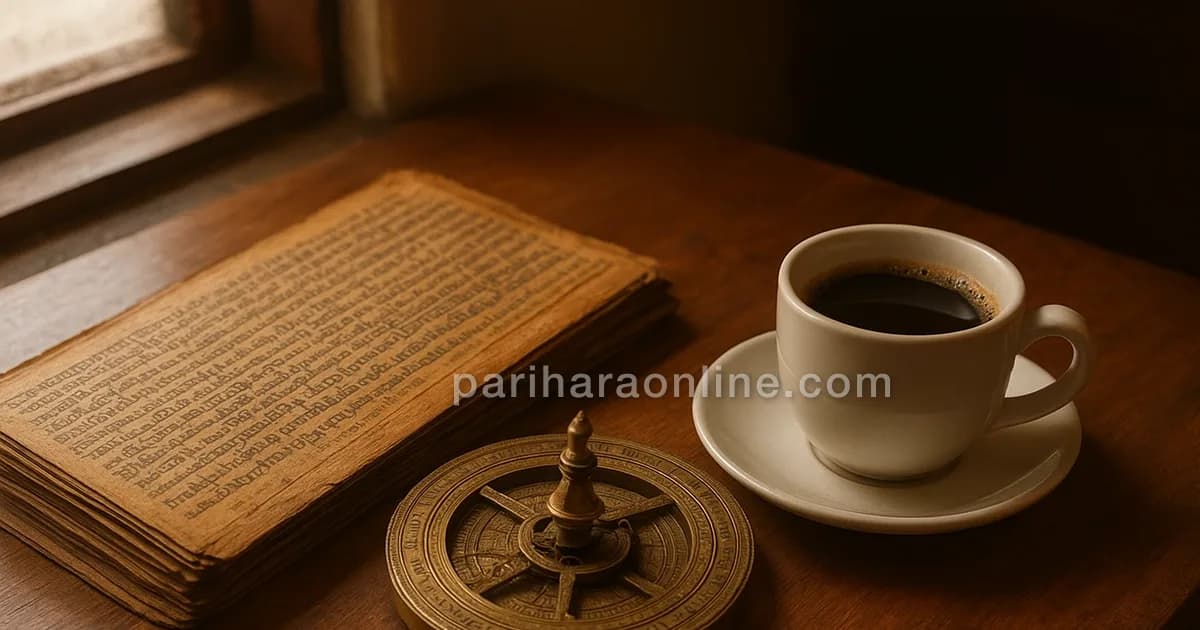 Palm-leaf horoscope, brass astrolabe and a cup of filter coffee on a sunlit wooden table — is astrology real | pariharaonline.com