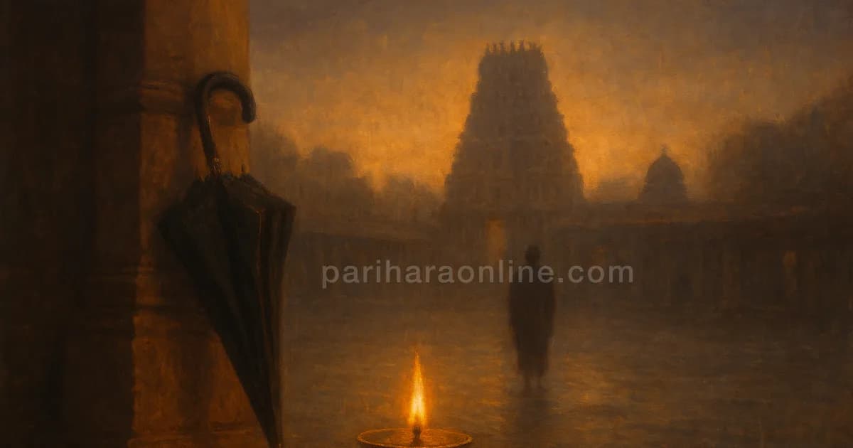 Umbrella by a temple pillar with a gold earring and a lit lamp, protective symbols of Jyeshtha nakshatra | pariharaonline.com