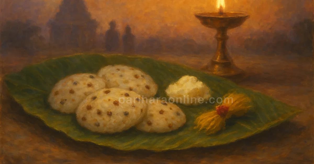 Steamed rice adai with cowpeas, white butter and yellow threads on a banana leaf before a lamp — karadaiyan nombu adai recipe | pariharaonline.com