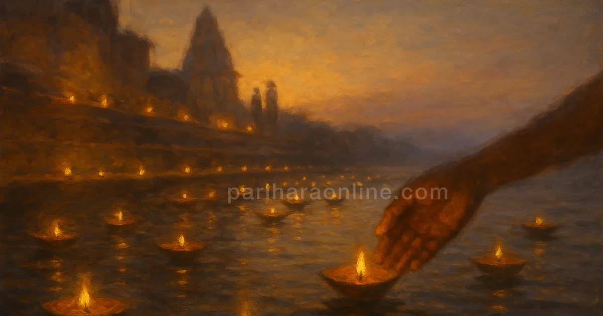 Clay lamps on leaf boats drifting on a dark river past lamp-lined ghat steps, a scene of Kartik Purnima significance | pariharaonline.com