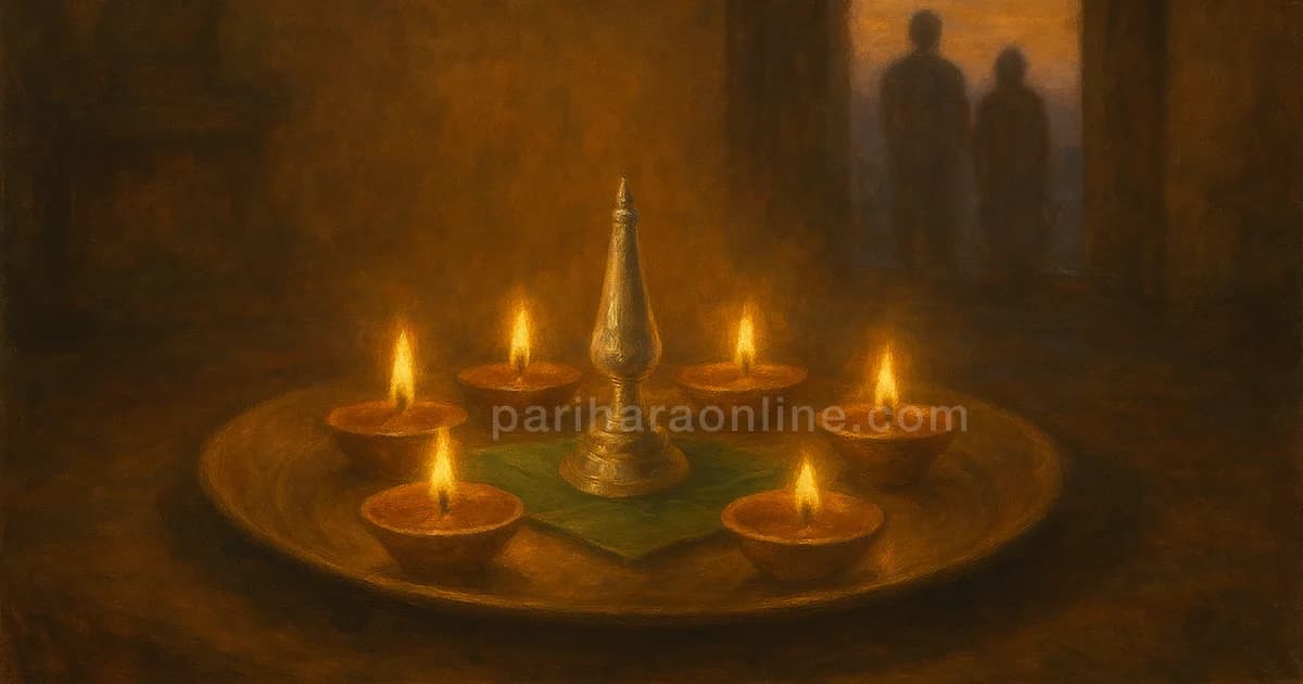 Six lit clay lamps around a small silver vel on a banana leaf, honouring Krittika nakshatra and Murugan | pariharaonline.com