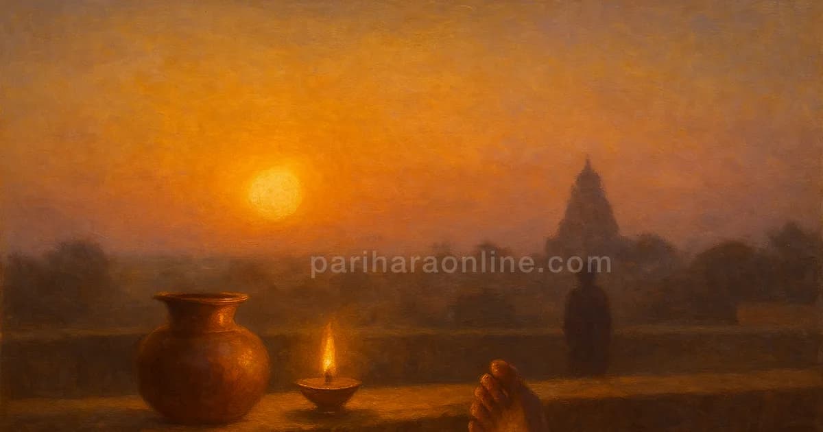 Sunrise on the eastern horizon beside a copper pot and lamp on a rooftop, picturing lagna in astrology | pariharaonline.com