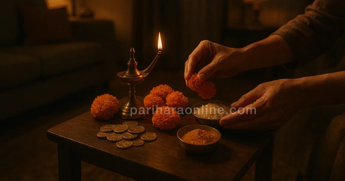 Hands arranging marigolds, coins and a brass lamp for Lakshmi puja in an apartment — lakshmi puja at home | pariharaonline.com