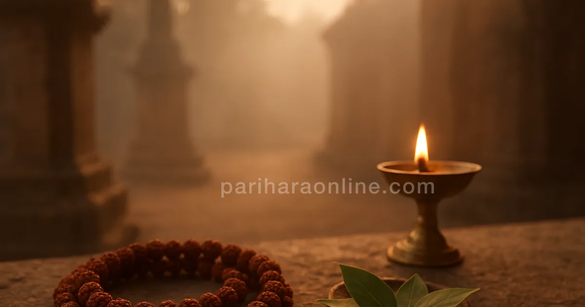 Rudraksha mala, bilva leaves and brass lamp on a temple stone ledge at dawn — mahamrityunjaya mantra meaning | pariharaonline.com