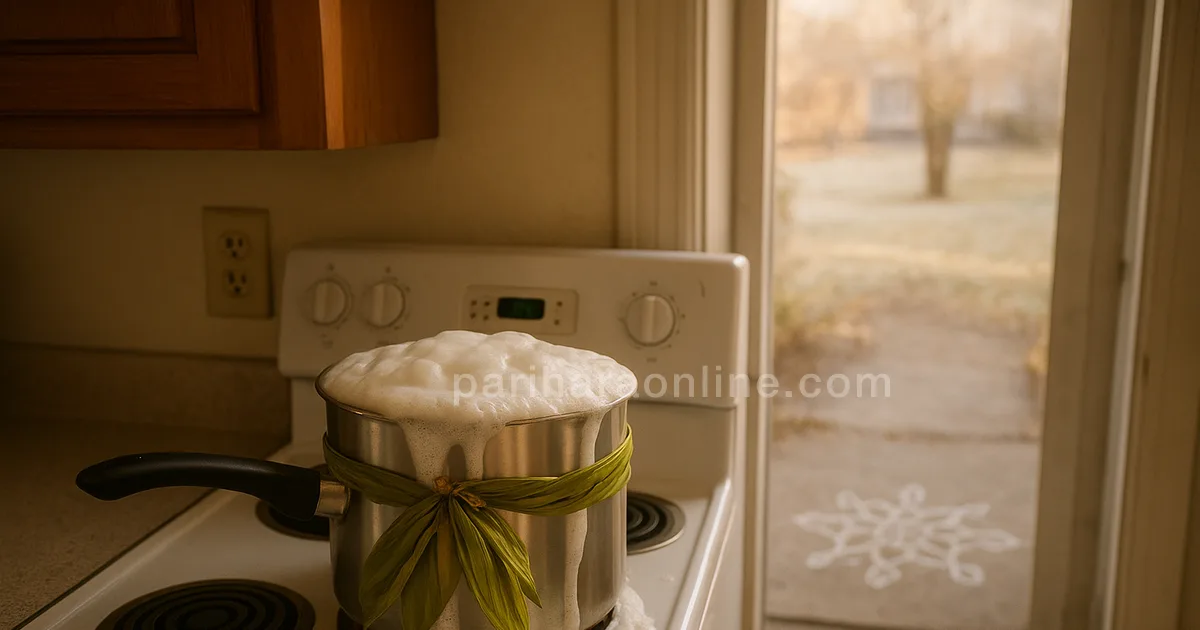 Pot of milk boiling over on an electric stove with turmeric leaves, a chalk kolam at the door — how to celebrate pongal in usa | pariharaonline.com