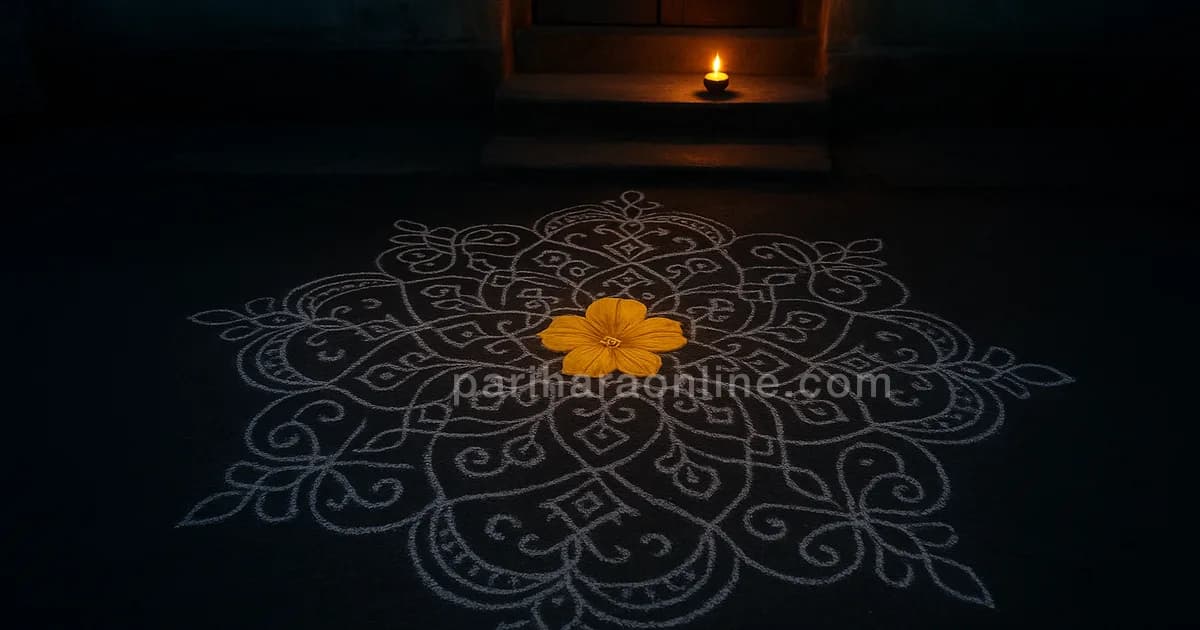 Large kolam in a Tamil street before dawn with a yellow pumpkin flower and an oil lamp on the doorstep — margazhi month meaning | pariharaonline.com