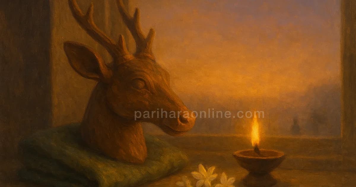 Carved wooden deer's head beside a lit oil lamp and jasmine, the seeker's symbol of Mrigashira nakshatra | pariharaonline.com