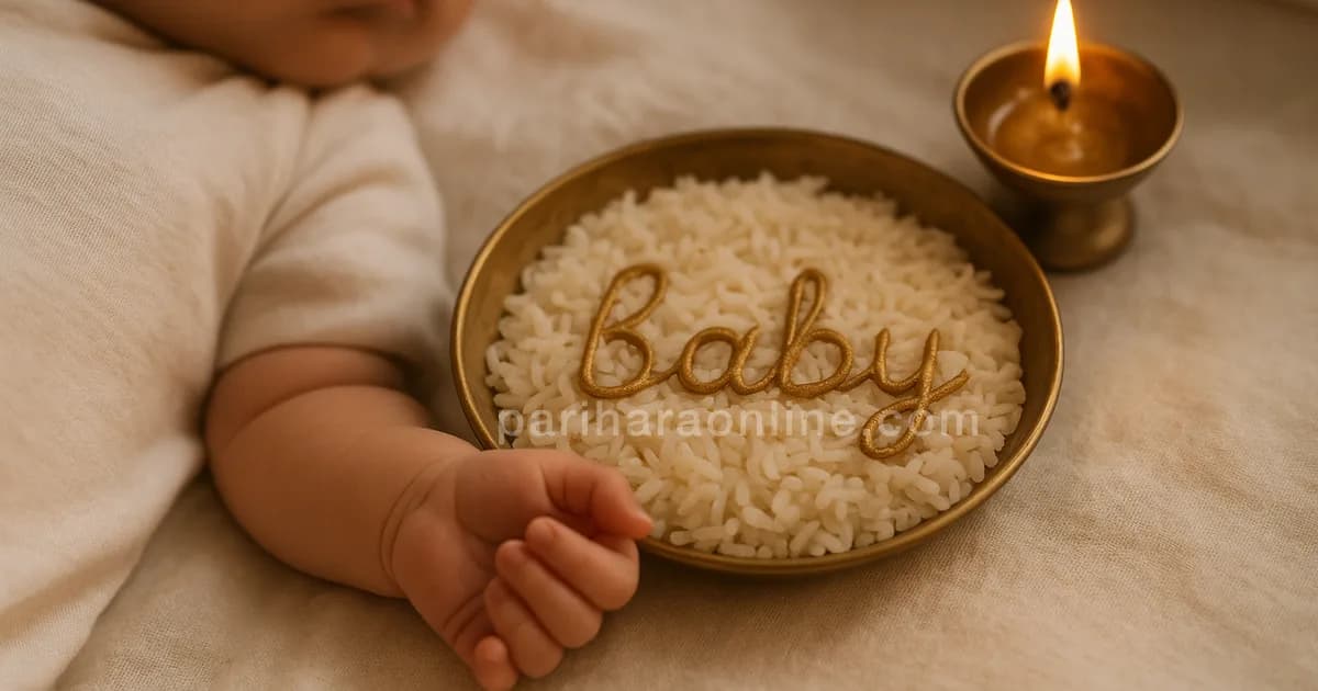 Newborn's hand on a white cloth beside a brass plate of rice and a small lit lamp — hindu naming ceremony | pariharaonline.com
