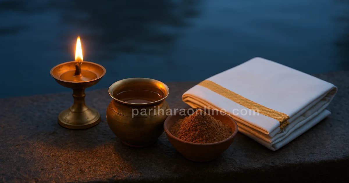 Brass vessel of sesame oil, shikakai powder and new silk cloth by a single lamp before dawn — naraka chaturdashi | pariharaonline.com