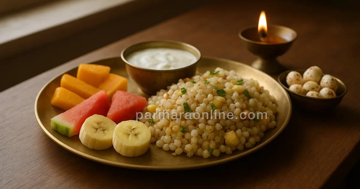 Brass plate of fruit, sabudana khichdi and curd beside a small lit lamp in morning light — navratri fasting rules | pariharaonline.com