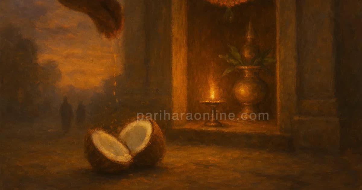 A broken coconut and brass kalasam at a shop entrance during a new business opening pooja | pariharaonline.com