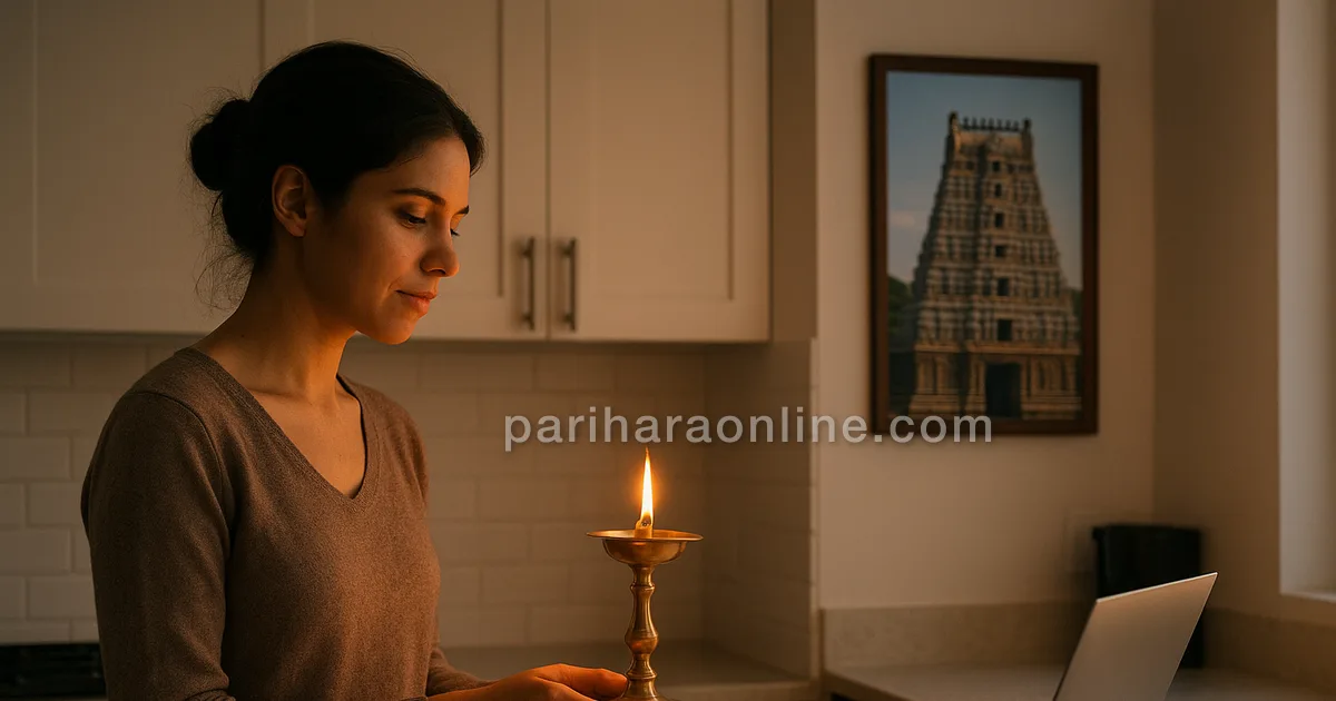 A woman abroad holding a brass lamp beside a laptop, a temple picture on the wall | pariharaonline.com