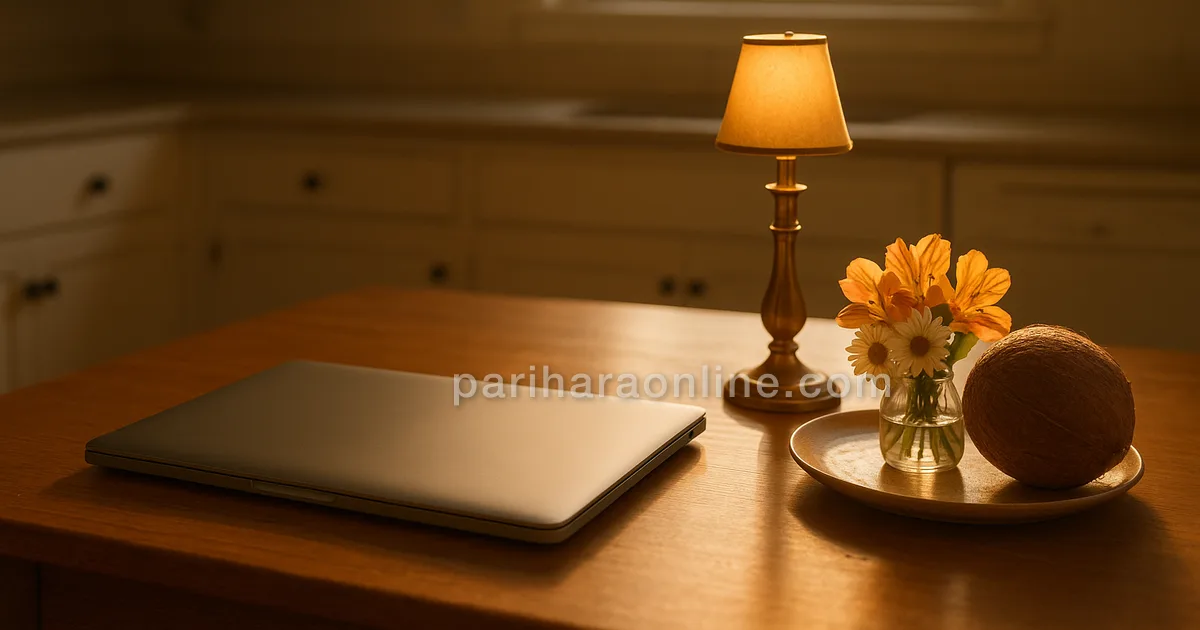 A lit brass lamp beside a laptop showing a temple ritual in an American kitchen — online puja from usa | pariharaonline.com