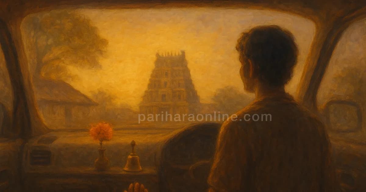 Hands resting in a parked car beside a marigold on the dashboard, a quiet prayer before interview | pariharaonline.com