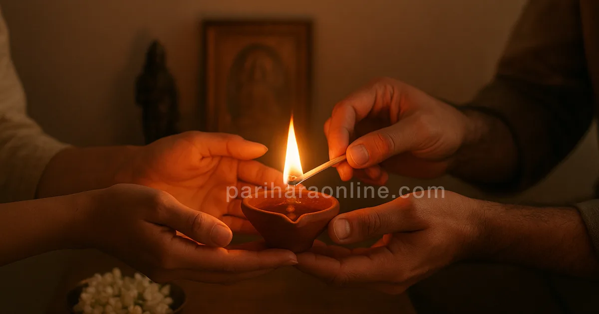 A couple's hands together lighting one clay lamp beside jasmine on a home altar — pooja for conceiving | pariharaonline.com
