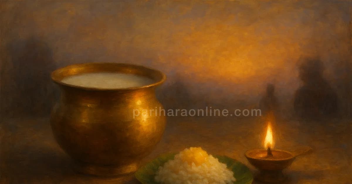 Brass milk vessel, rice and ghee on a banana leaf and a sesame lamp, a nourishing offering for Pushya nakshatra | pariharaonline.com