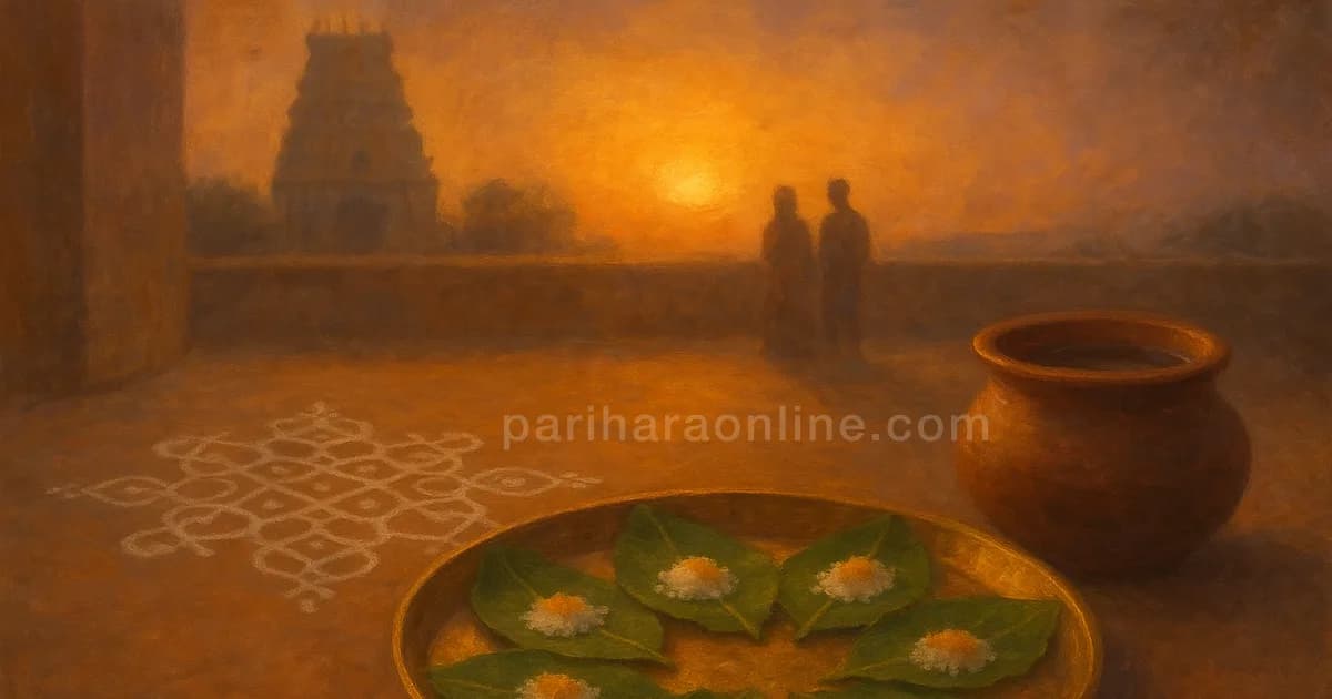 Seven erukku leaves with rice and turmeric on a brass plate beside a chariot kolam at sunrise, for Ratha Saptami significance | pariharaonline.com