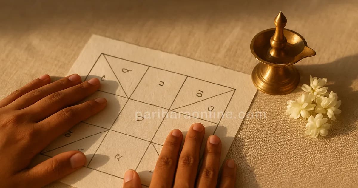 Hands resting on a hand-drawn square birth chart beside a brass lamp and jasmine flowers — how to read a birth chart | pariharaonline.com