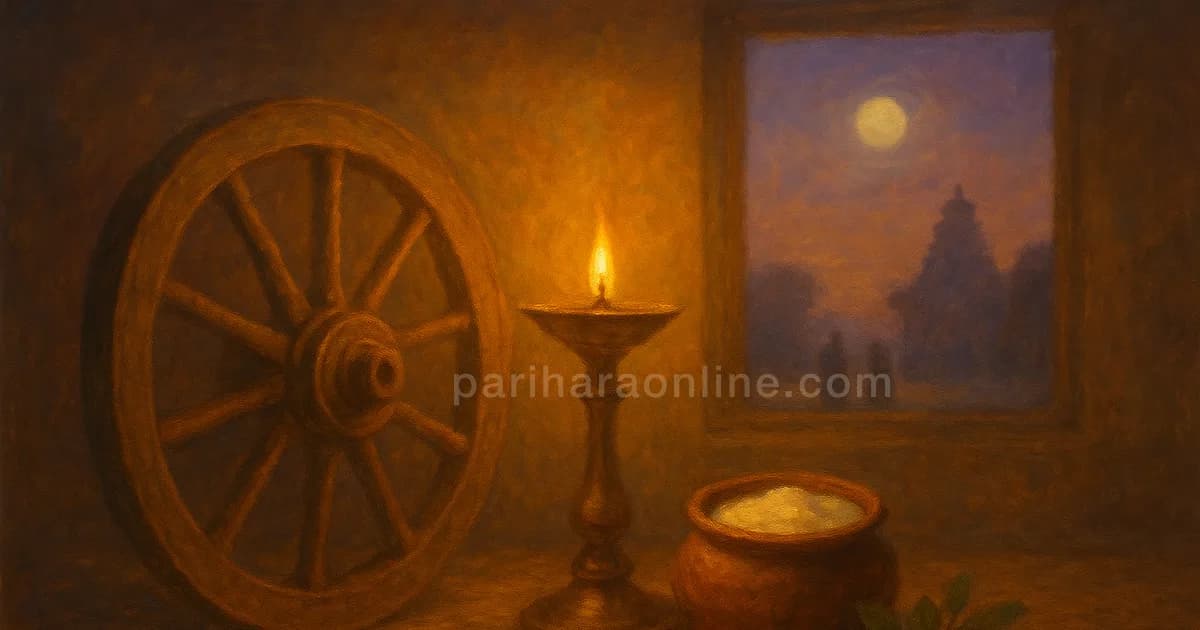 Wooden cart wheel, butter pot, tulsi and flute under moonlight, symbols of Rohini nakshatra, Krishna's birth star | pariharaonline.com