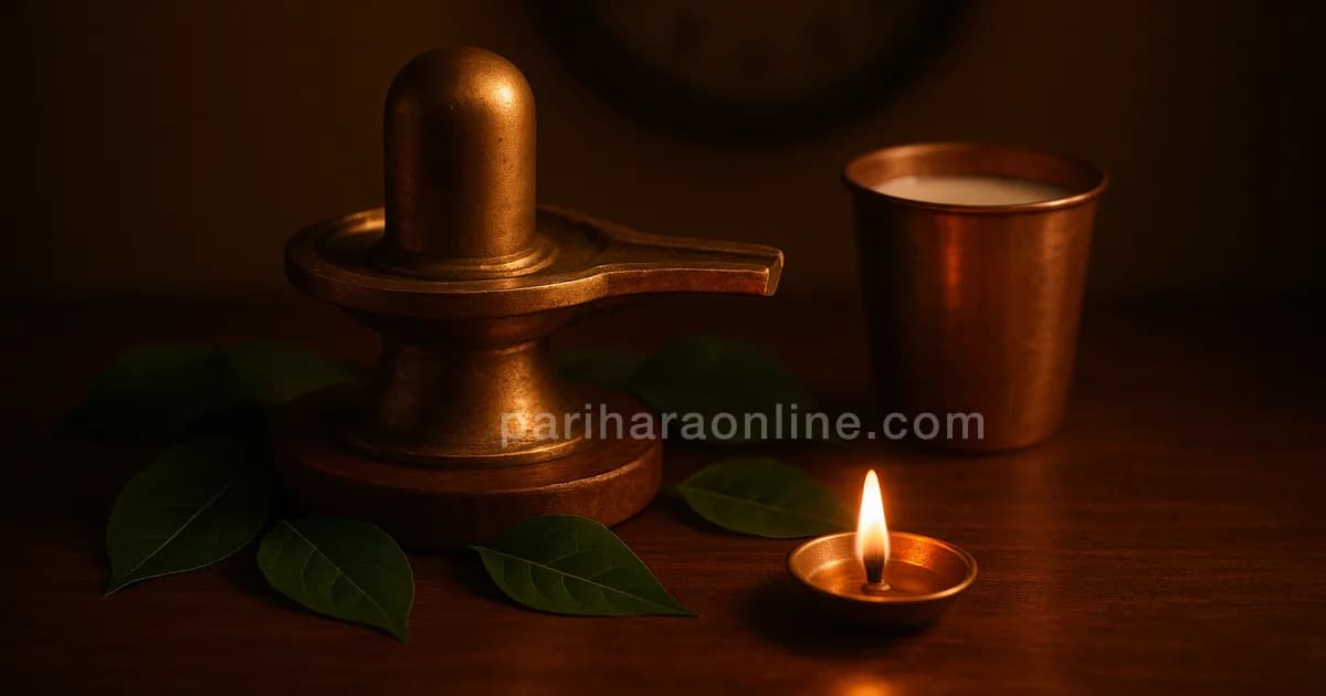 Small brass linga with bilva leaves, a copper tumbler of milk and a lamp in a dark home — shivaratri puja at home | pariharaonline.com