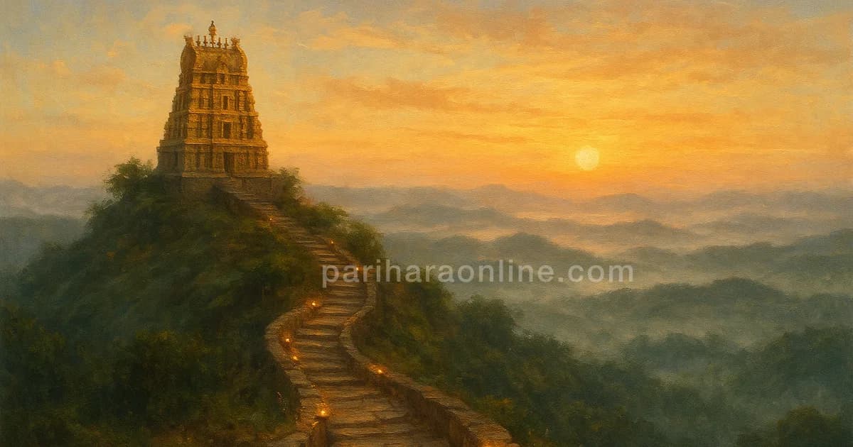 Hilltop temple with a golden tower at sunrise above misty hills and a stairway lined with lamps — arupadai veedu | pariharaonline.com