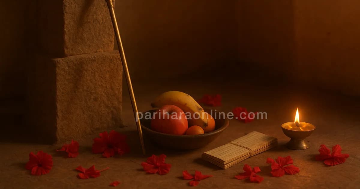 Brass vel beside fruit, a palm-leaf booklet and a lit lamp in a quiet home shrine — skanda sashti fasting | pariharaonline.com