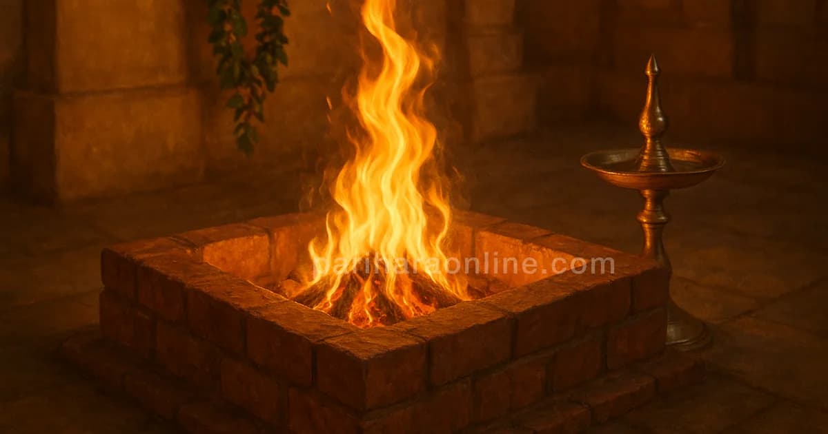 Bright homam fire in a brick fire pit with spiralling flames, tulsi garlands and a brass lamp nearby — sudarshana homam meaning | pariharaonline.com