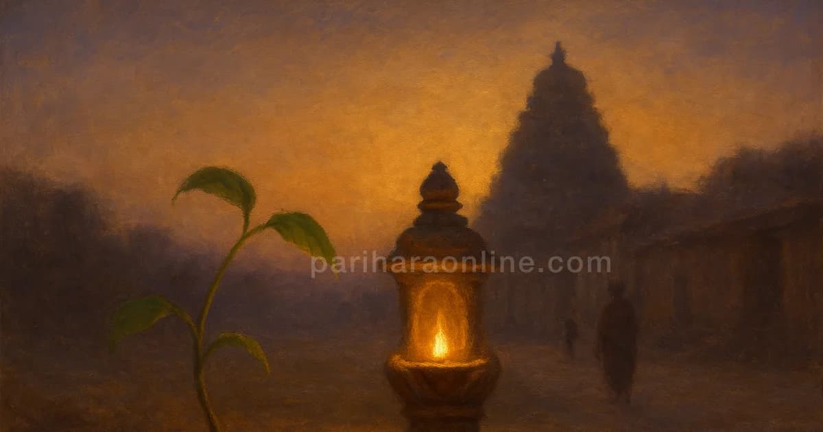 A young sapling bending in the wind beside a shielded lamp, the resilient symbol of Swati nakshatra | pariharaonline.com