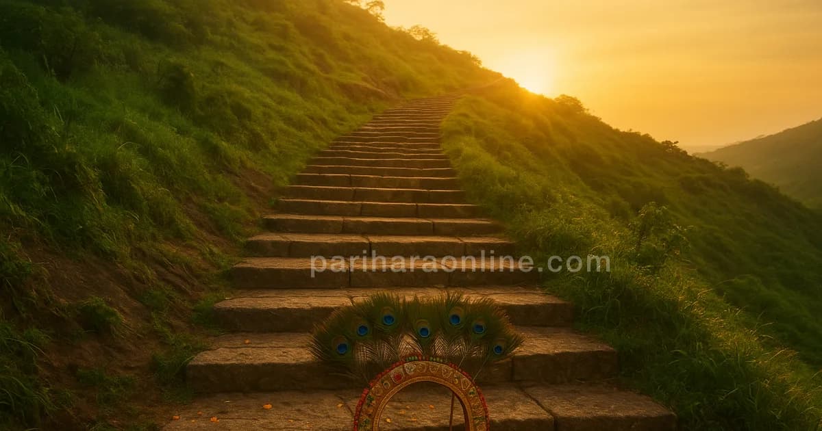 Decorated kavadi arch with peacock feathers resting on temple steps winding up a hill at sunrise — thaipusam kavadi meaning | pariharaonline.com