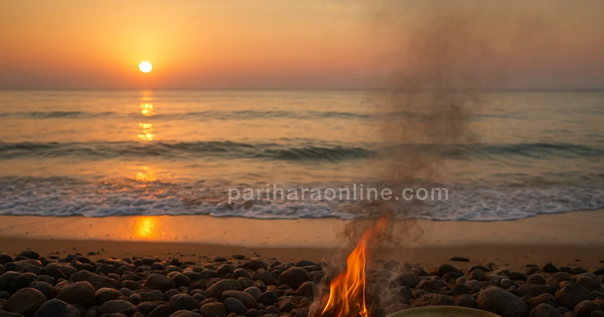 Small homam fire and a plate of black sesame on the Rameswaram shore at sunrise — tila homam | pariharaonline.com