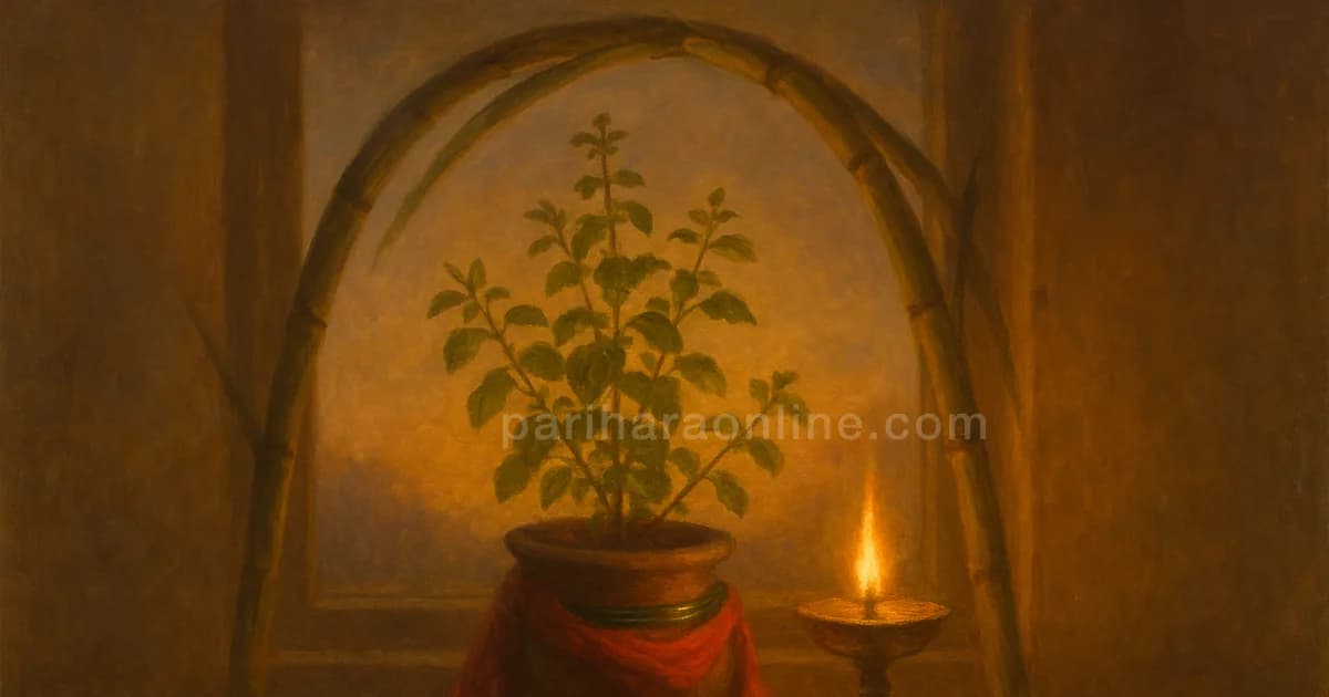 Potted tulsi draped in a red cloth and bangles under a sugarcane arch with a lamp and amla branch, dressed for Tulsi vivah | pariharaonline.com
