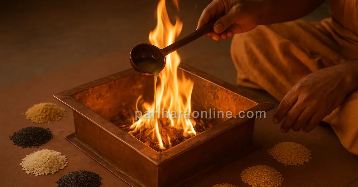 A priest offering ghee into a homam fire with nine heaps of grain arranged around it | pariharaonline.com