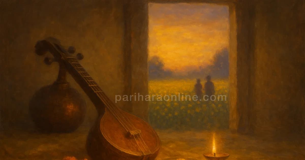 Veena on yellow silk with marigolds, saffron rice and a lamp before mustard fields, for Vasant Panchami significance | pariharaonline.com